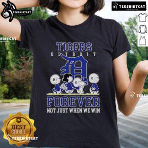 Premium Peanuts Charlie Brown Snoopy Detroit Tigers Baseball Forever Ladies Tee showcasing team spirit and fun design.