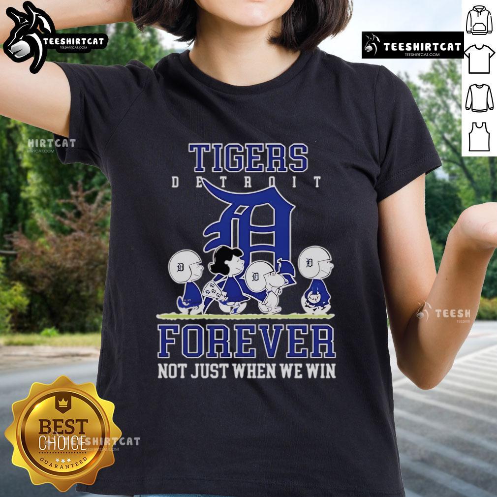 Premium Peanuts Charlie Brown Snoopy Detroit Tigers Baseball Forever Ladies Tee showcasing team spirit and fun design.