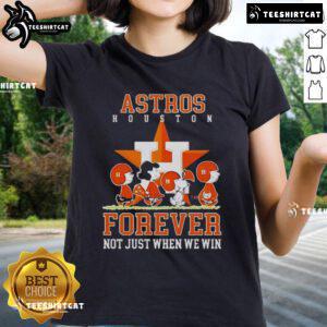 Alt Text: Premium Peanuts Charlie Brown Snoopy Houston Astros baseball ladies tee with Forever, Not Just When We Win slogan.