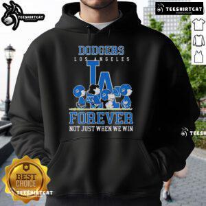 Premium Peanuts hoodie featuring Charlie Brown, Snoopy, and Los Angeles Dodgers design: 'Baseball Forever, Not Just When We Win.'