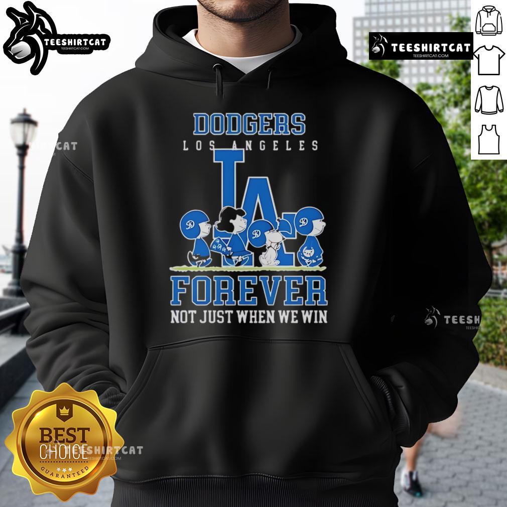 Premium Peanuts hoodie featuring Charlie Brown, Snoopy, and Los Angeles Dodgers design: 'Baseball Forever, Not Just When We Win.'
