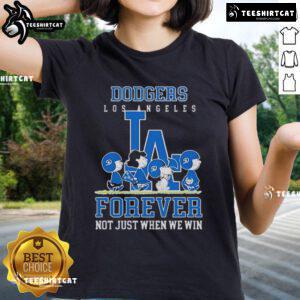 Premium Peanuts Charlie Brown Snoopy Dodgers tee for ladies, celebrating baseball fandom with style and comfort.
