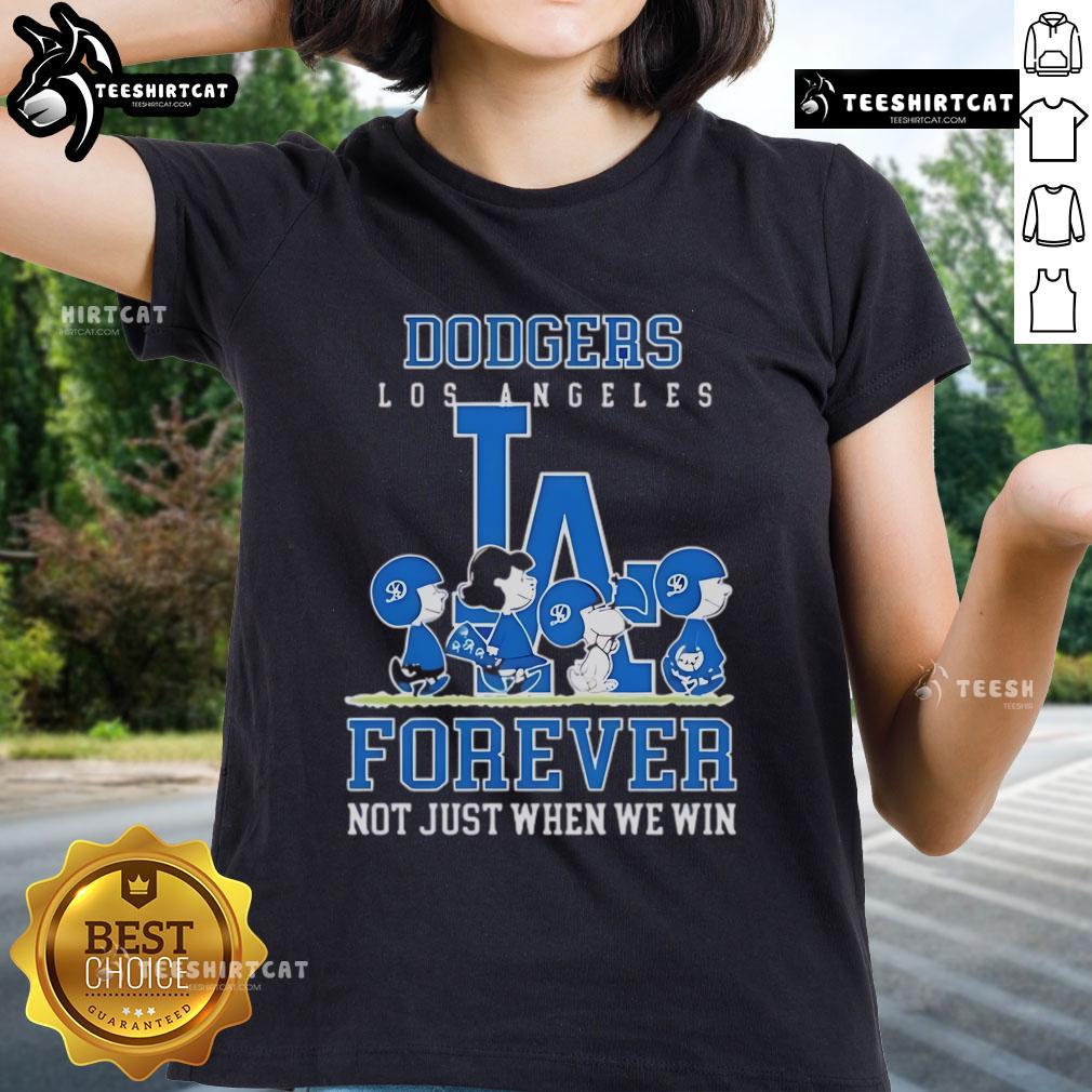 Premium Peanuts Charlie Brown Snoopy Dodgers tee for ladies, celebrating baseball fandom with style and comfort.