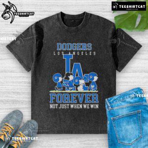 Premium peanuts Charlie Brown Snoopy Los Angeles Dodgers baseball t-shirt, perfect for fans who celebrate baseball year-round.