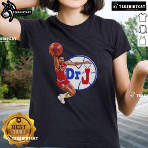 Alt Text: Premium Philadelphia 76ers Dr. J Dunk Ladies Tee featuring classic team colors and stylish design for female fans.