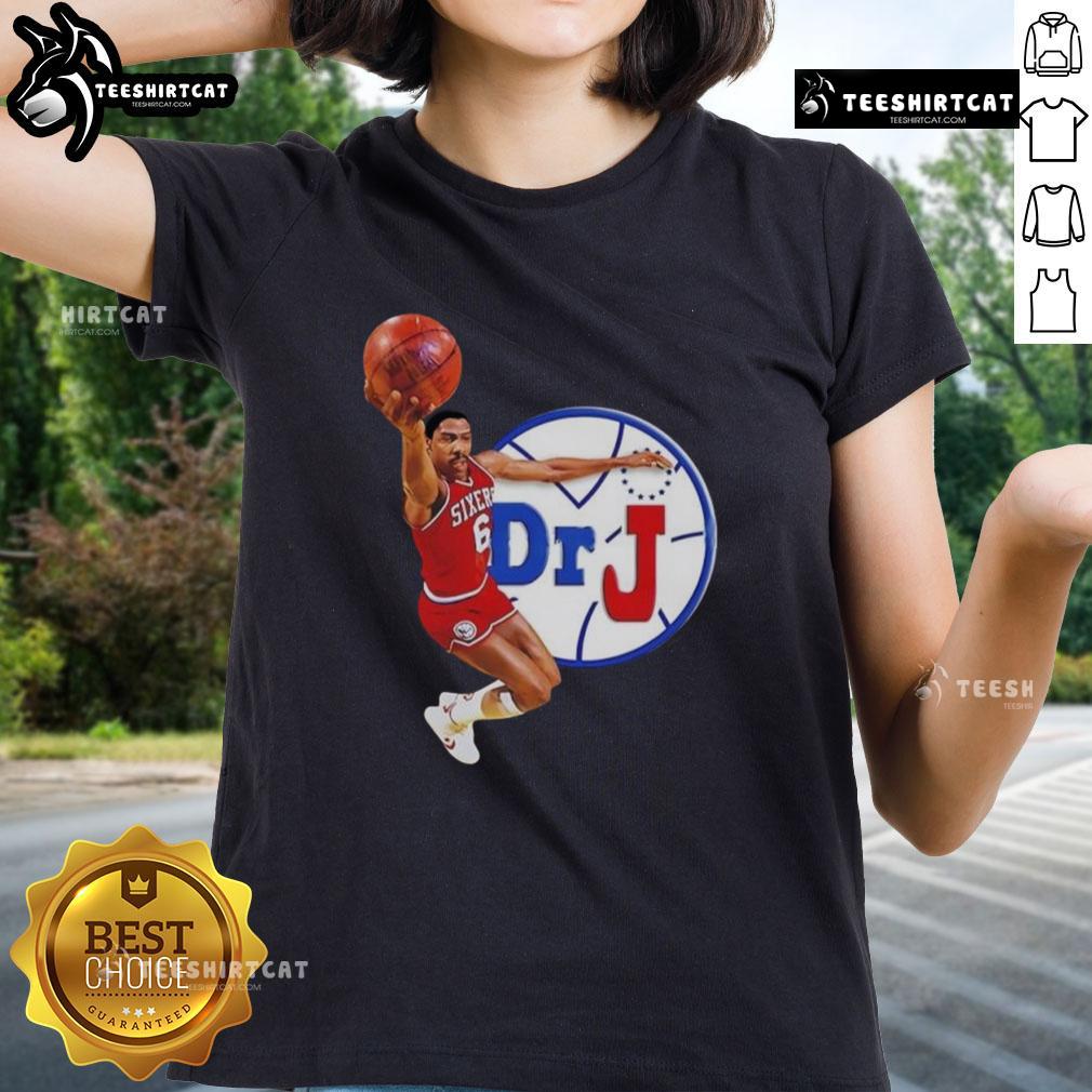 Alt Text: Premium Philadelphia 76ers Dr. J Dunk Ladies Tee featuring classic team colors and stylish design for female fans.