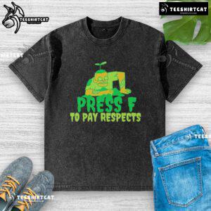 Alt Text: Premium Press F to Pay Respects Zombie Gamer Meme Halloween Washed T-Shirt featuring a spooky graphic design.