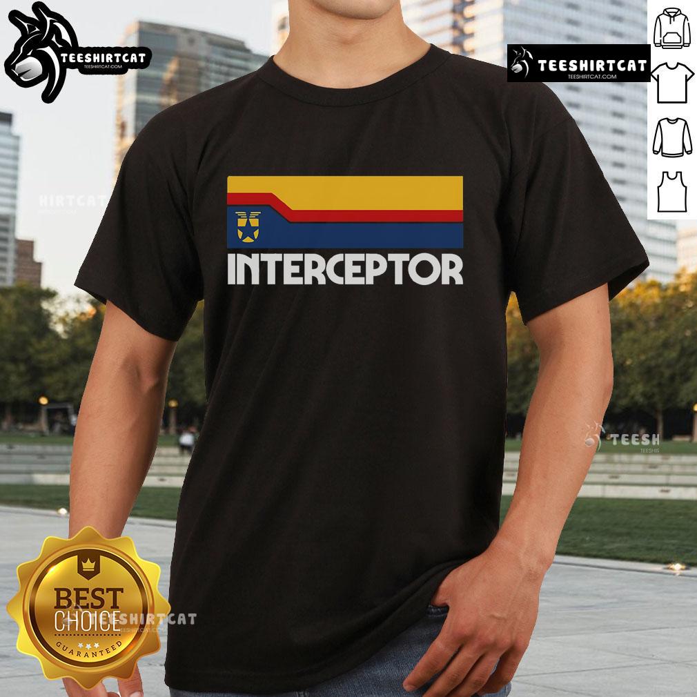Alt Text: Premium Retro Interceptor Logo T-Shirt featuring a vintage design with bold graphics and vibrant colors.