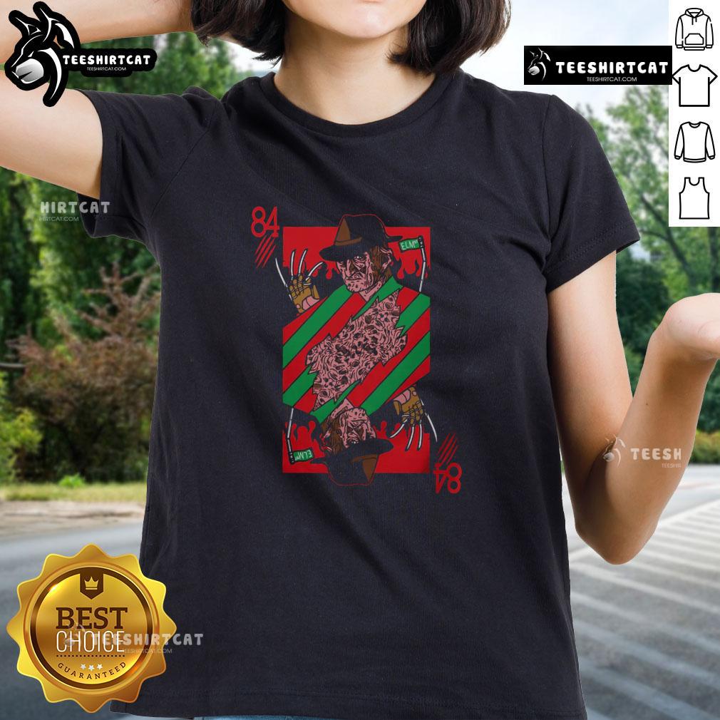 Premium scary Freddy Krueger 84 Nightmare on Elm Street horror card ladies tee featuring iconic graphic design.