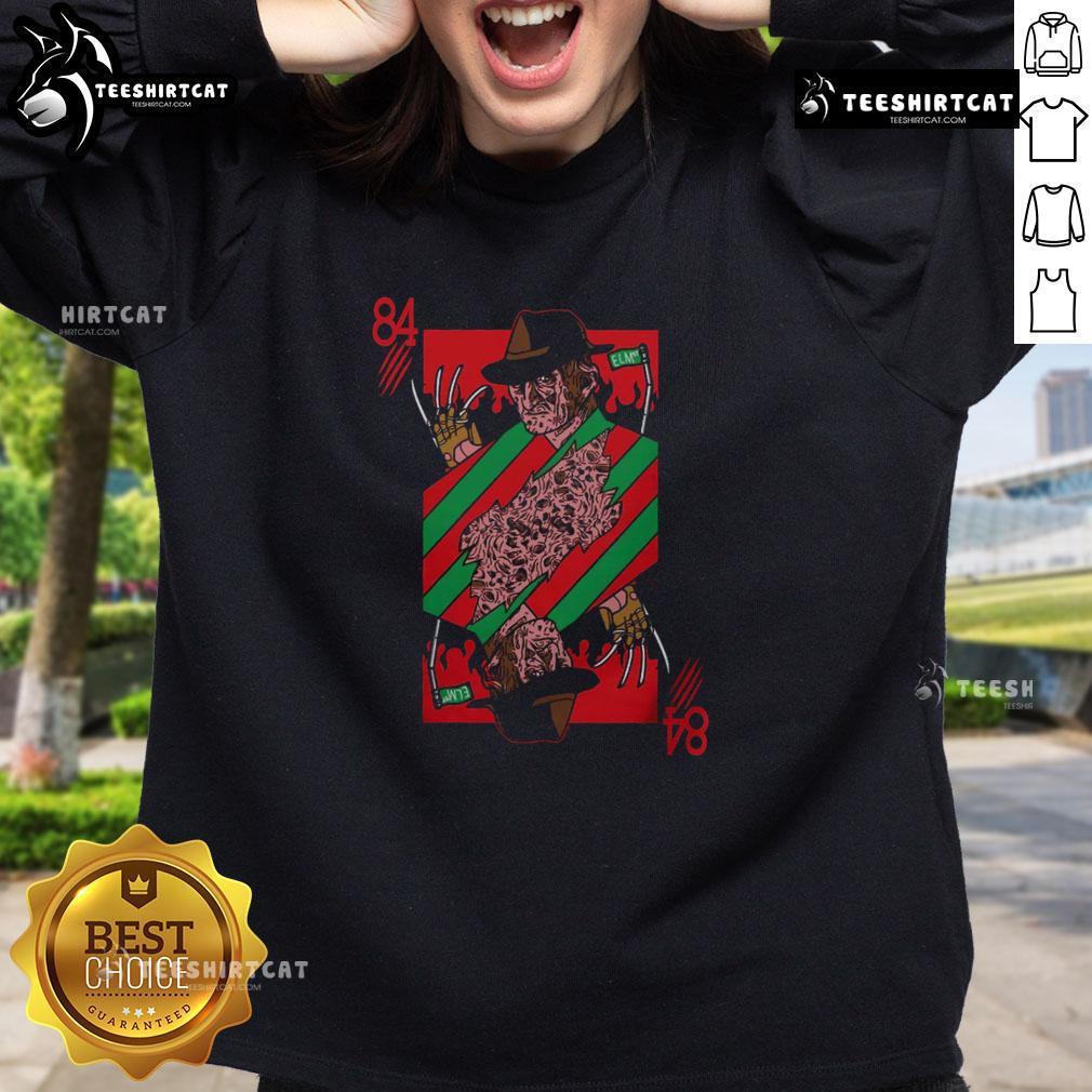 Premium scary Freddy Krueger 84 Nightmare on Elm Street horror card sweatshirt featuring iconic horror movie graphics.