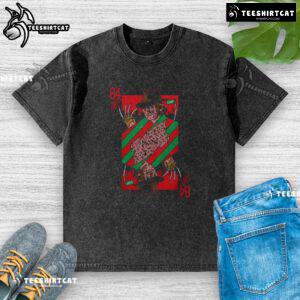 Premium scary Freddy Krueger 84 Nightmare on Elm Street horror card washed t-shirt for fans of classic horror movies.