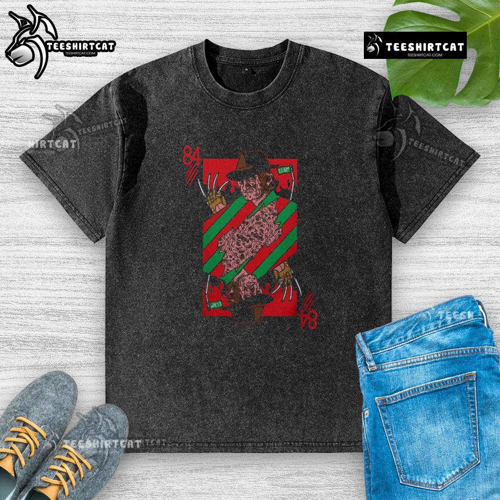 Premium scary Freddy Krueger 84 Nightmare on Elm Street horror card washed t-shirt for fans of classic horror movies.