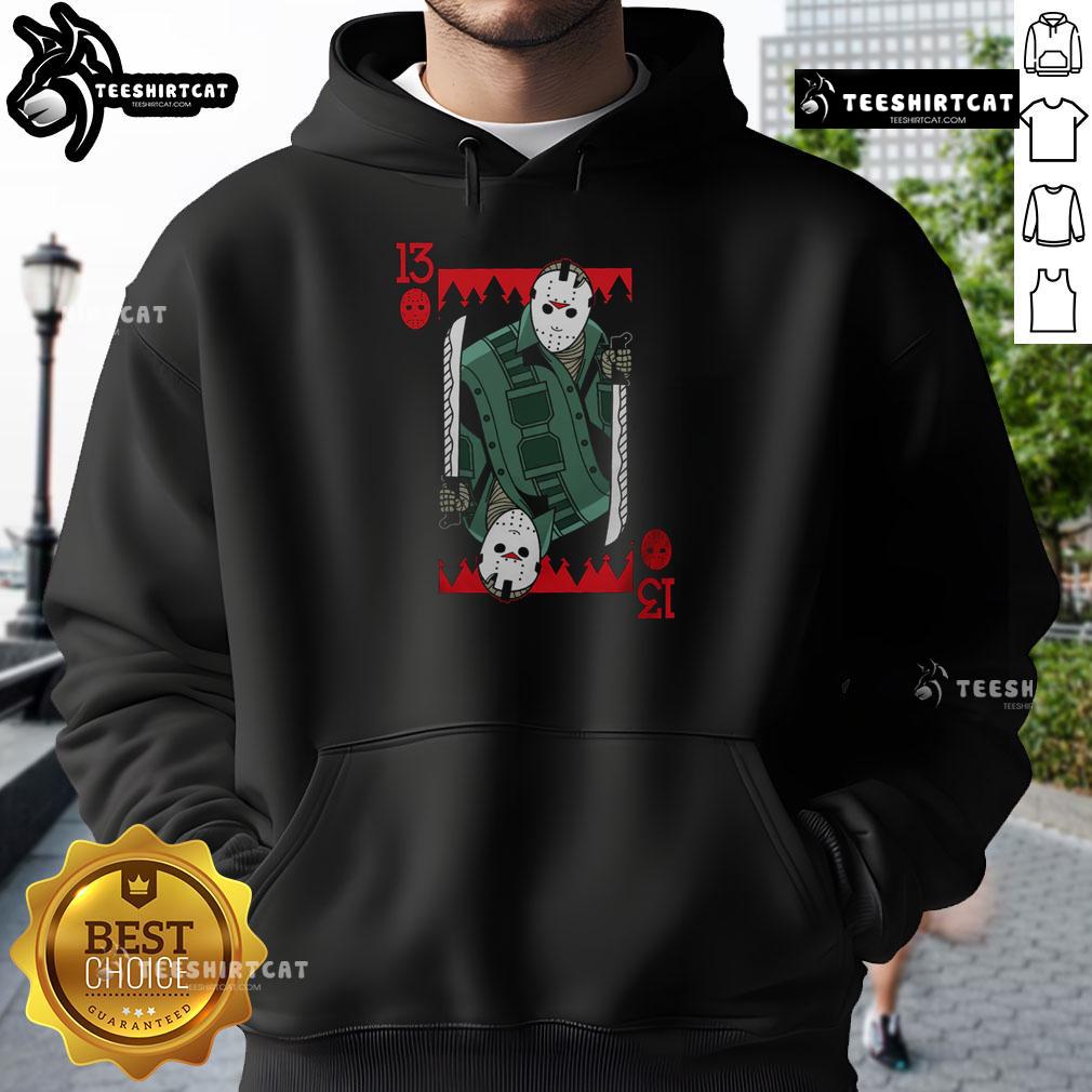 Alt Text: Premium scary Jason Voorhees hoodie featuring Friday the 13th horror card design for fans of horror apparel.