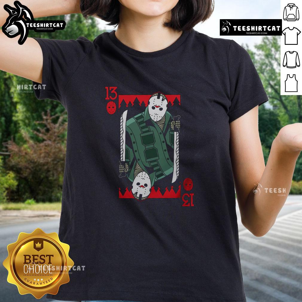 Premium scary Jason Voorhees Friday the 13th horror card design on a ladies tee, perfect for Halloween fans.