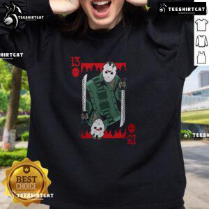 Premium scary Jason Voorhees Friday the 13th horror card sweatshirt featuring iconic horror design and comfortable fit.
