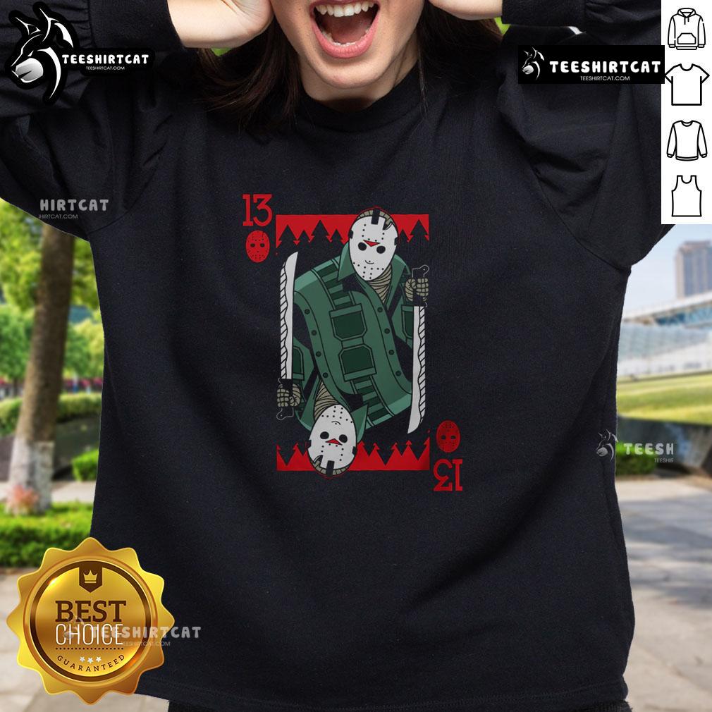 Premium scary Jason Voorhees Friday the 13th horror card sweatshirt featuring iconic horror design and comfortable fit.