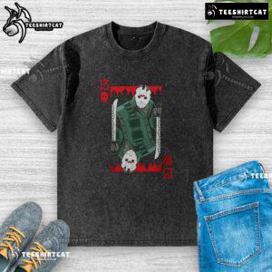 Premium scary Jason Voorhees Friday the 13th horror card washed T-shirt featuring iconic horror design.