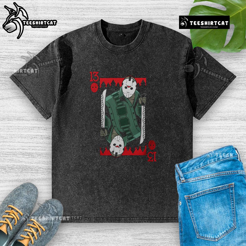 Premium scary Jason Voorhees Friday the 13th horror card washed T-shirt featuring iconic horror design.