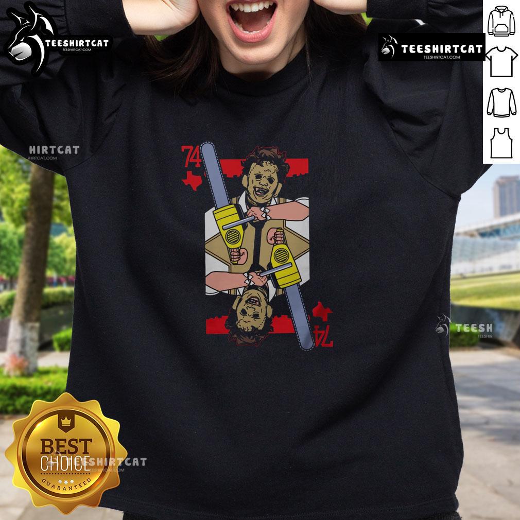 Premium scary Leatherface 74 Texas Chainsaw Massacre horror card sweatshirt featuring iconic horror film graphics.