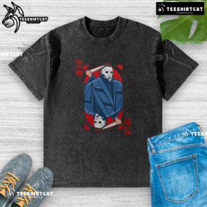 Premium scary Michael Myers 31 Halloween horror card washed t-shirt featuring iconic design and comfortable fit.