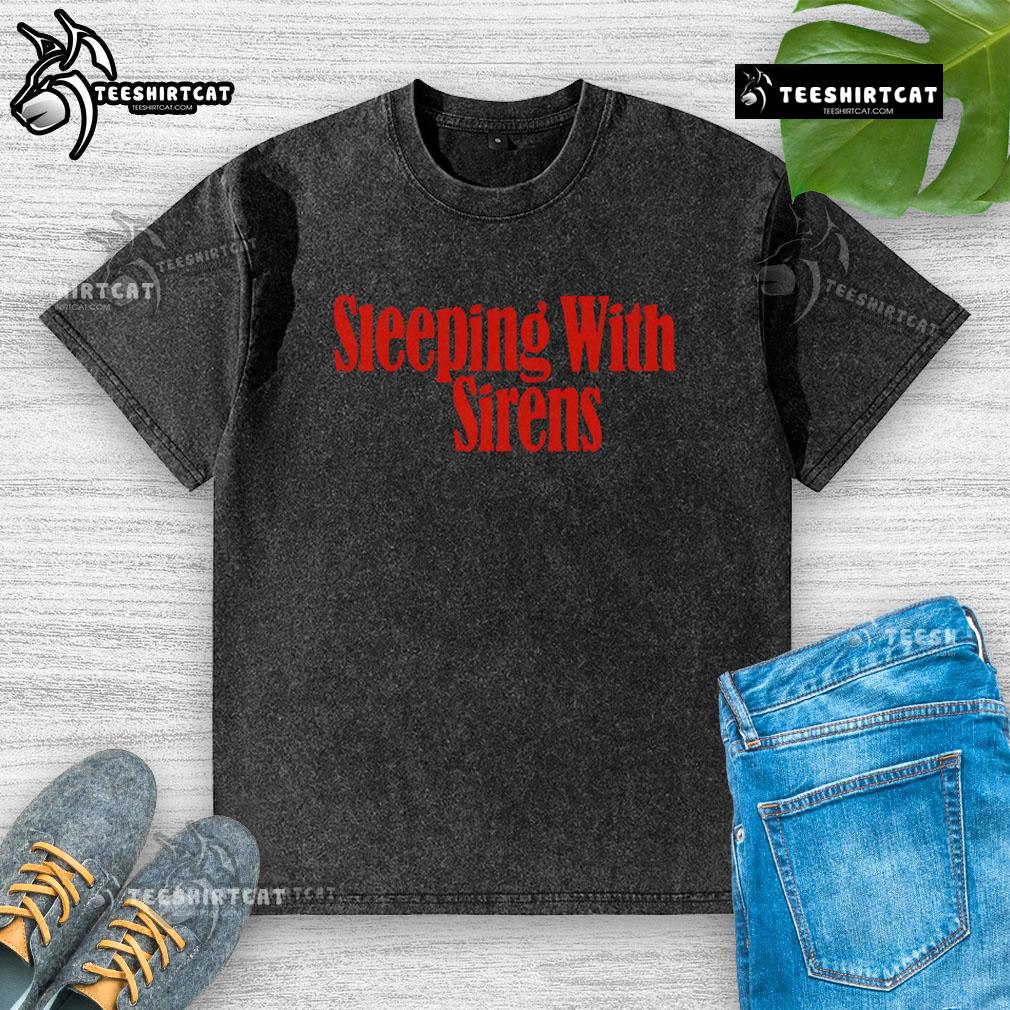 Premium Sleeping With Sirens serif text logo on a washed t-shirt, perfect for fans of the band and stylish comfort.