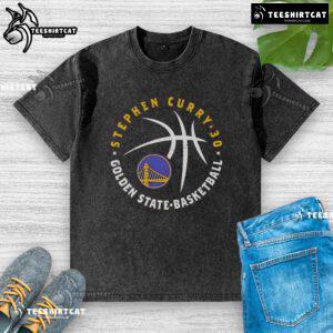 Premium Steph Curry Golden State Warriors player ball washed t-shirt featuring vibrant team colors and logo.