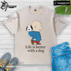 Premium Peanuts 'Life is Better With a Dog' washed t-shirt featuring vibrant graphics and soft fabric for dog lovers.