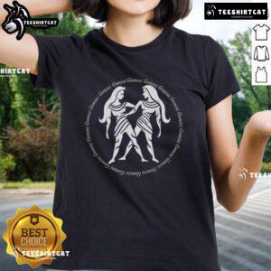 Alt Text: Premium Tribal Gemini Twins Silhouette on a Circular Zodiac Design for Ladies Tee, showcasing a stylish astrology theme.