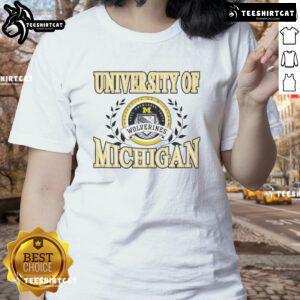 Premium University of Michigan Wolverines laurels logo ladies tee in navy, perfect for fans and stylish casual wear.