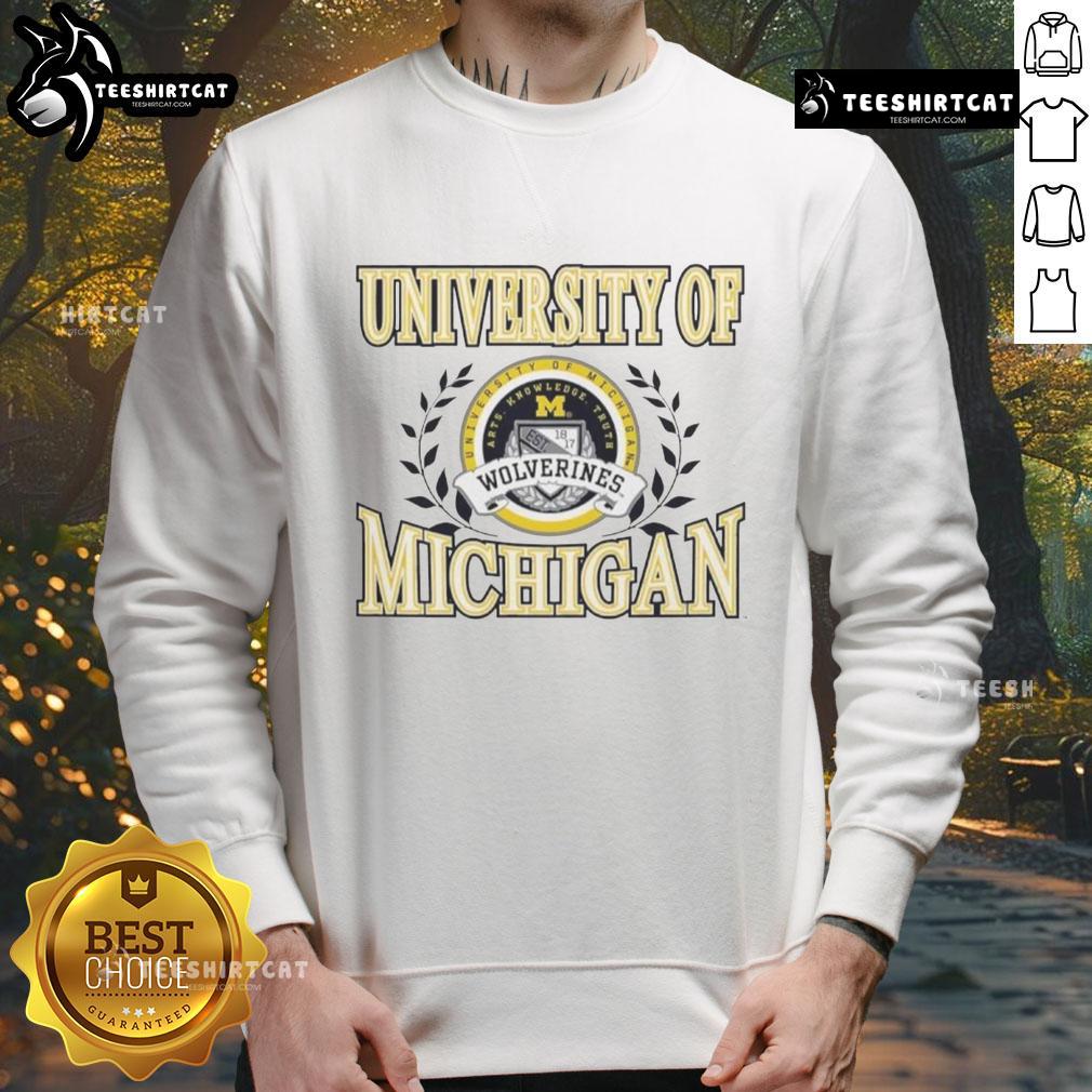 Premium University of Michigan Wolverines laurels logo sweatshirt in navy blue, perfect for fans and alumni.