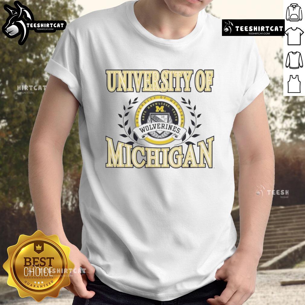 Premium University of Michigan Wolverines laurels logo T-shirt featuring vibrant colors and athletic design for fans.