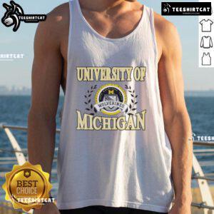 Premium University of Michigan Wolverines laurels logo tank top in navy blue, perfect for fans and casual wear.