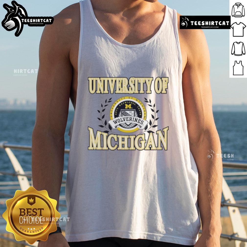 Premium University of Michigan Wolverines laurels logo tank top in navy blue, perfect for fans and casual wear.