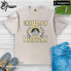 Alt Text: Premium University of Michigan Wolverines Laurels Logo washed t-shirt featuring a classic design and vibrant colors.