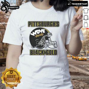 Stylish Premium WDVE Pittsburgh Black and Gold Ladies Tee featuring a soft fabric and vibrant team colors for fans.
