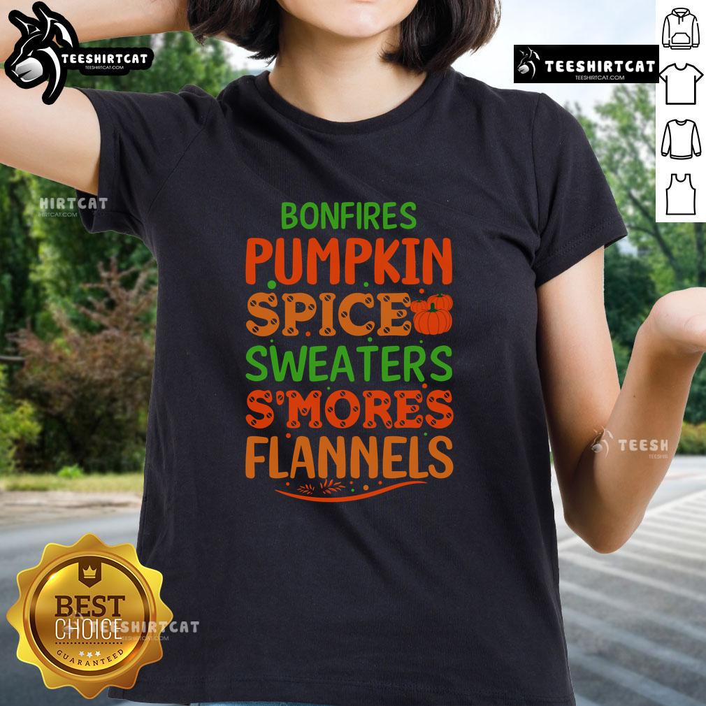 Cozy ladies tee featuring pumpkin spice, bonfires, and flannels, perfect for autumn s'mores and sweater weather.