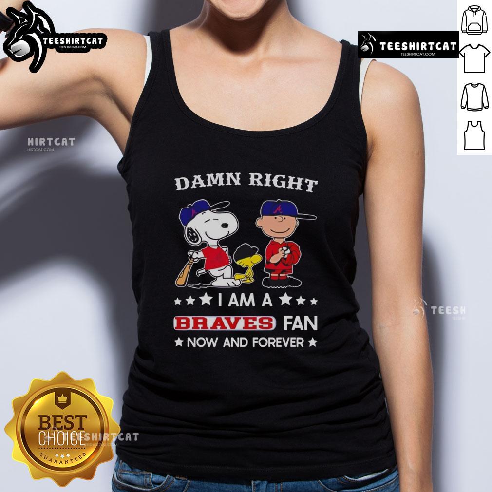 Colorful tank top featuring Snoopy and Charlie Brown with 'Pretty Damn Right I Am A Braves Fan' slogan for sports fans.