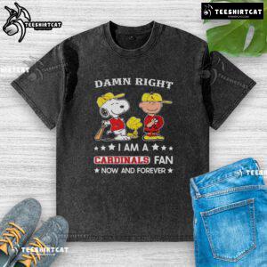Alt Text: Snoopy and Charlie Brown on a washed t-shirt, showcasing pride as a Cardinals fan now and forever.