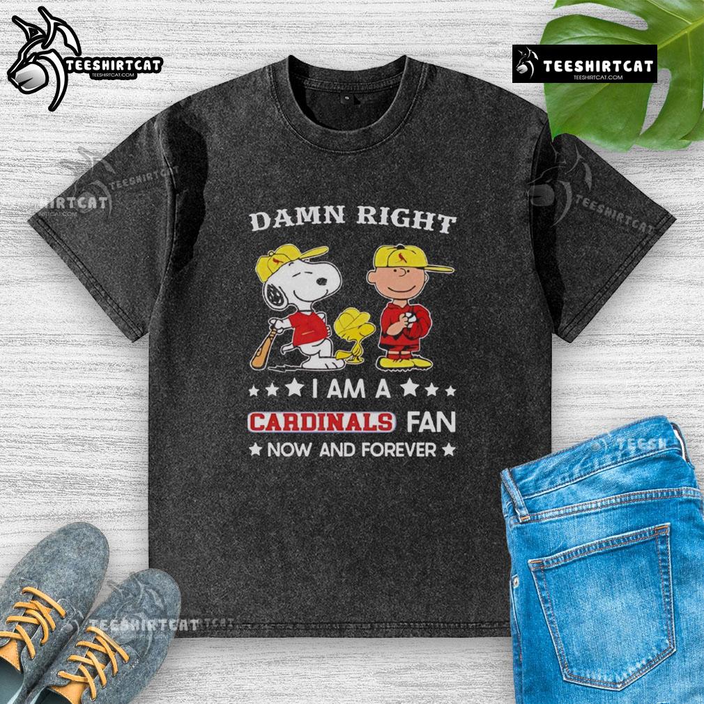 Alt Text: Snoopy and Charlie Brown on a washed t-shirt, showcasing pride as a Cardinals fan now and forever.
