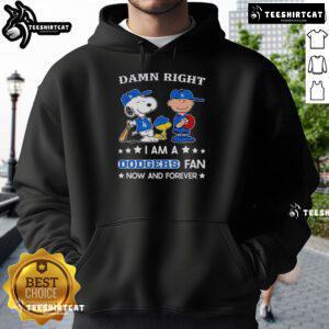 Alt Text: Snoopy and Charlie Brown hoodie with Pretty Damn Right I Am A Dodgers Fan Now And Forever design, perfect for fans.