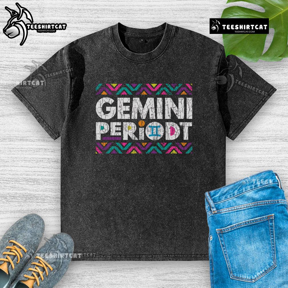 Alt Text: Pretty Gemini Periodt Tribal Pattern Washed T-Shirt featuring a vibrant geometric design on a soft fabric.
