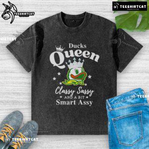 Pretty Oregon Ducks Queen Classy Sassy Smart Assy washed t-shirt displayed on a mannequin with vibrant colors.