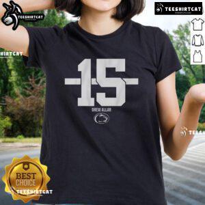 Alt Text: Pretty Penn State Football Drew Allar Name Number 15 Stripe Ladies Tee featuring team colors and stylish design.
