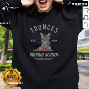 Cozy Top Cat Toonces The Driving School sweatshirt established in 1989, perfect for fans of quirky cat-themed apparel.