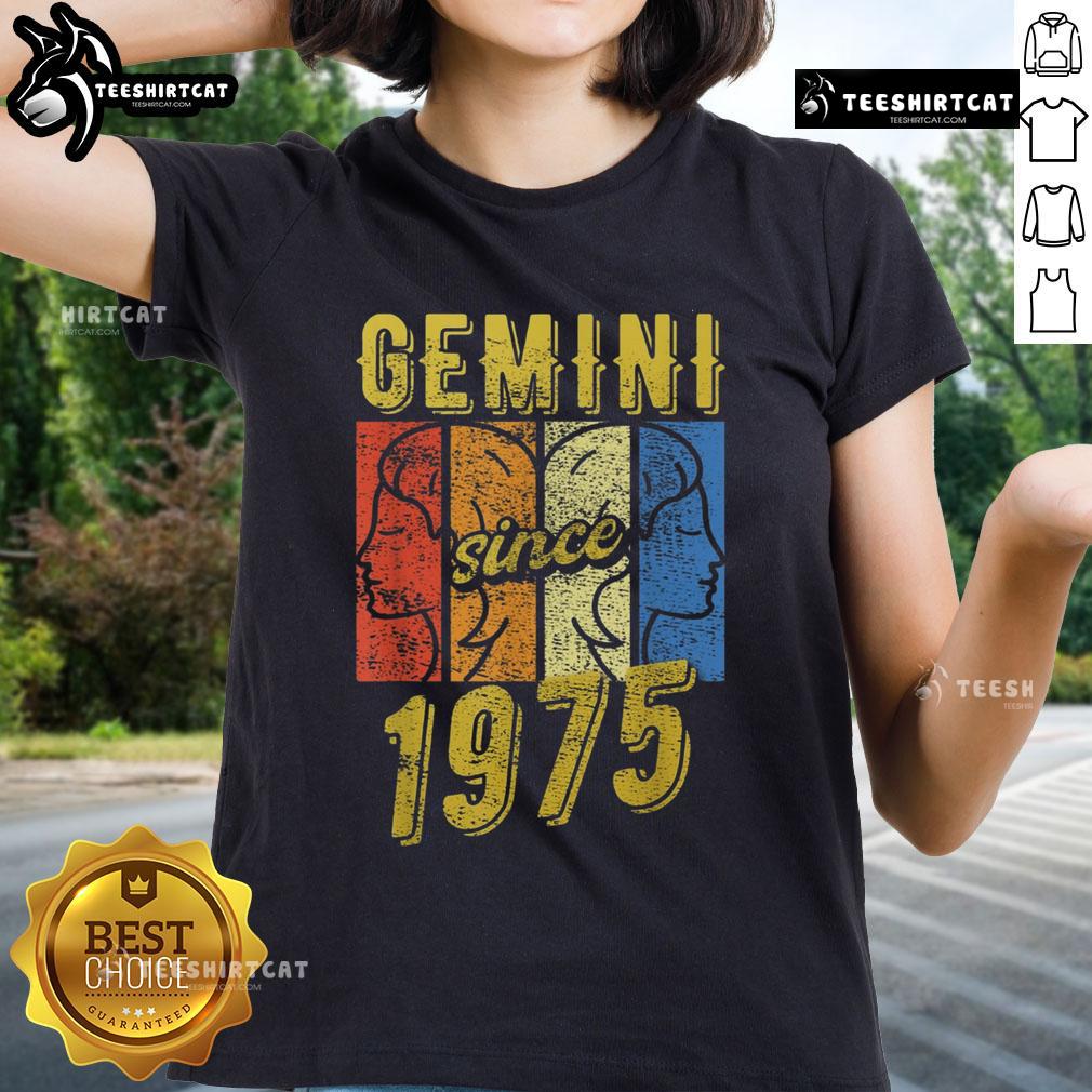 Top Gemini Since 1975 Retro Ladies Tee featuring vintage design and astrology theme for stylish Gemini women.