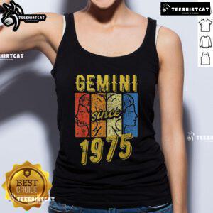 Retro tank top featuring 'Top Gemini Since 1975' design, perfect for astrology enthusiasts and stylish summer wear.