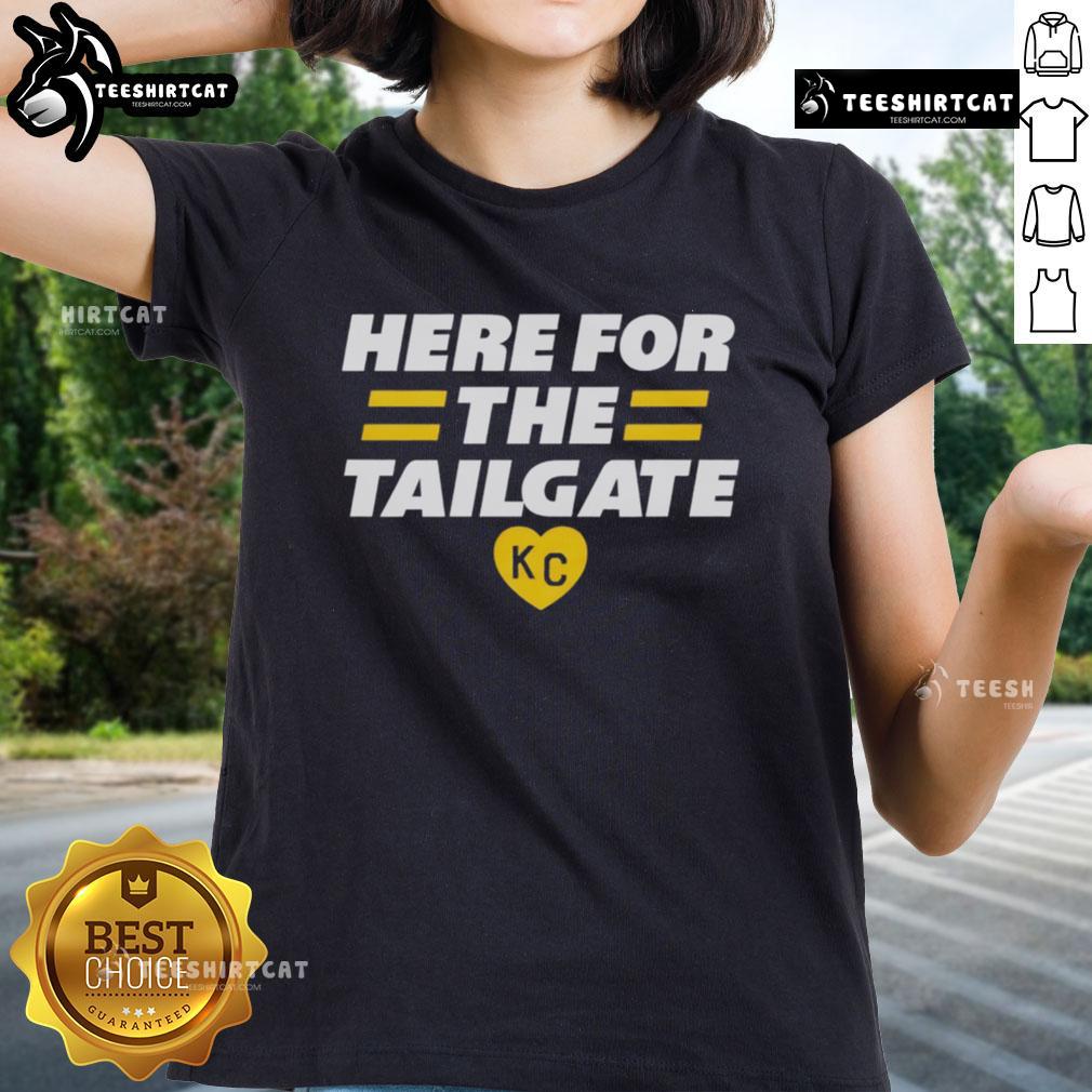 Alt Text: Kansas City Ladies Tee featuring 'Top-Here-for-The-Tailgate' design, perfect for game day and tailgating events.