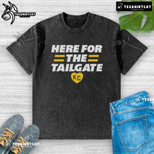 Top Here for The Tailgate Kansas City washed t-shirt, perfect for game day and tailgating with friends.