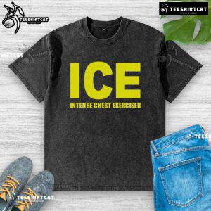 Top ICE Intense Chest Exerciser on a washed t-shirt, showcasing fitness gear for strength training and muscle building.