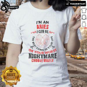 Womens tee featuring 'Top I'm an Aries' quote, showcasing playful astrology humor and bold design for Aries fans.